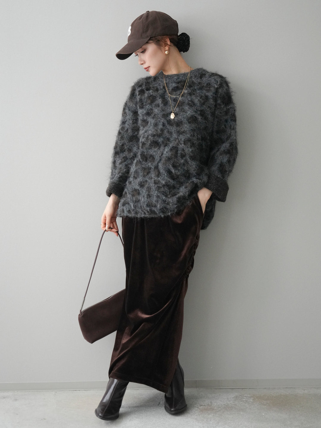 [SET]レオパードシャギーニットプルオーバー+ギャザーベロアスカート(2set)
