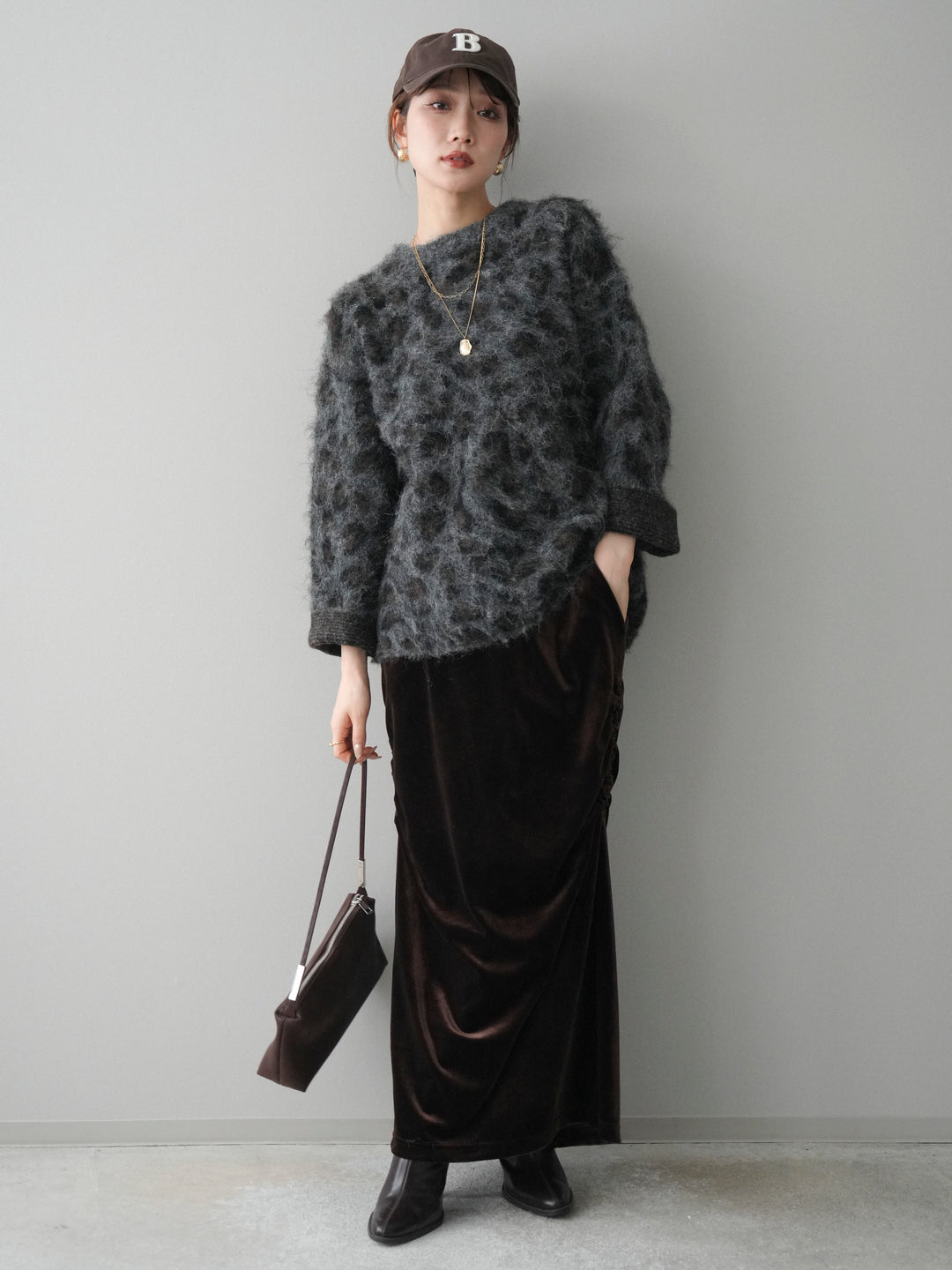 [SET]レオパードシャギーニットプルオーバー+ギャザーベロアスカート(2set)