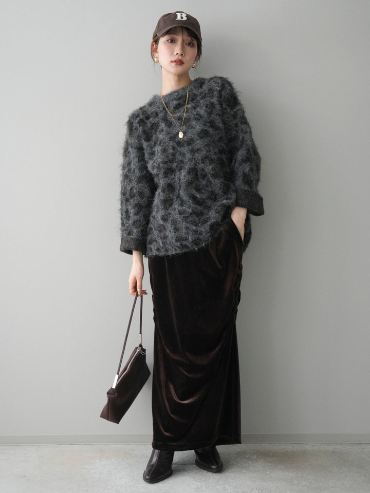 [SET]レオパードシャギーニットプルオーバー+ギャザーベロアスカート(2set)