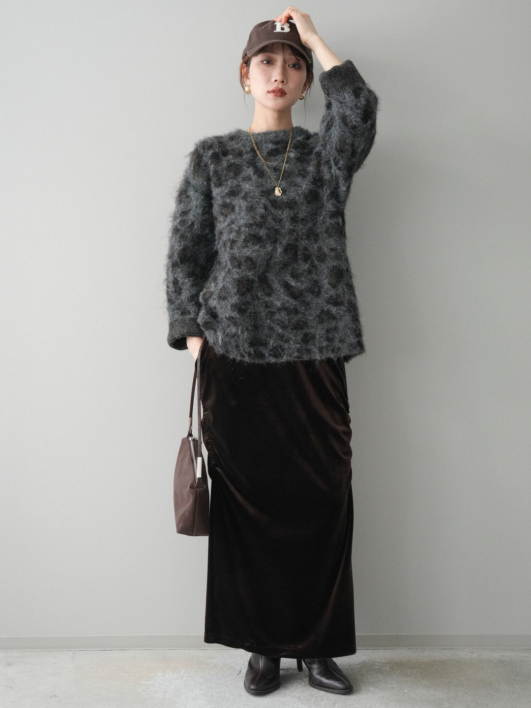 [SET]レオパードシャギーニットプルオーバー+ギャザーベロアスカート(2set)