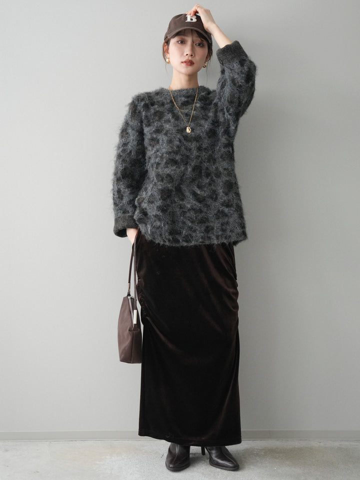 [SET]レオパードシャギーニットプルオーバー+ギャザーベロアスカート(2set)