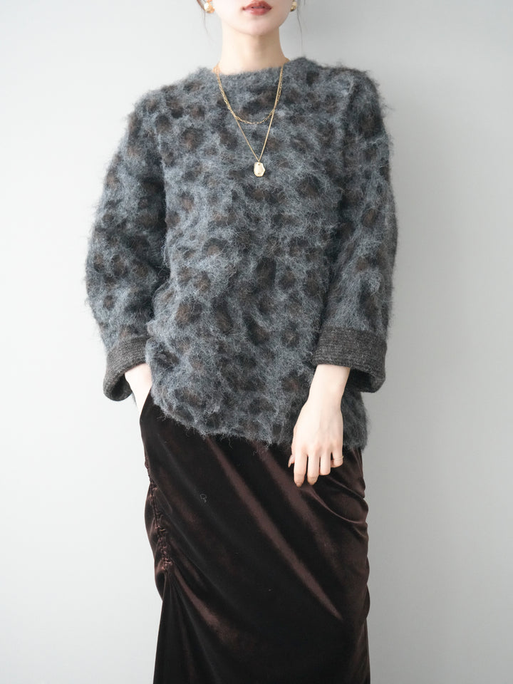 [SET]レオパードシャギーニットプルオーバー+ギャザーベロアスカート(2set)
