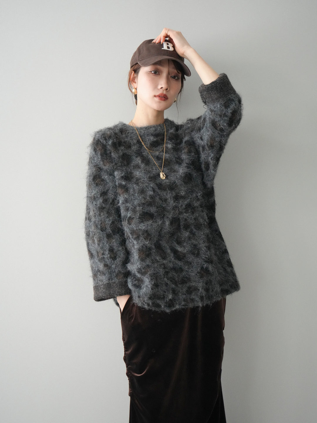 [SET]レオパードシャギーニットプルオーバー+ギャザーベロアスカート(2set)