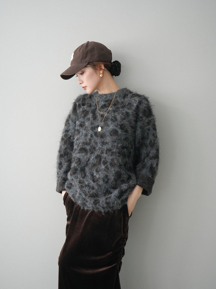 [SET]レオパードシャギーニットプルオーバー+ギャザーベロアスカート(2set)