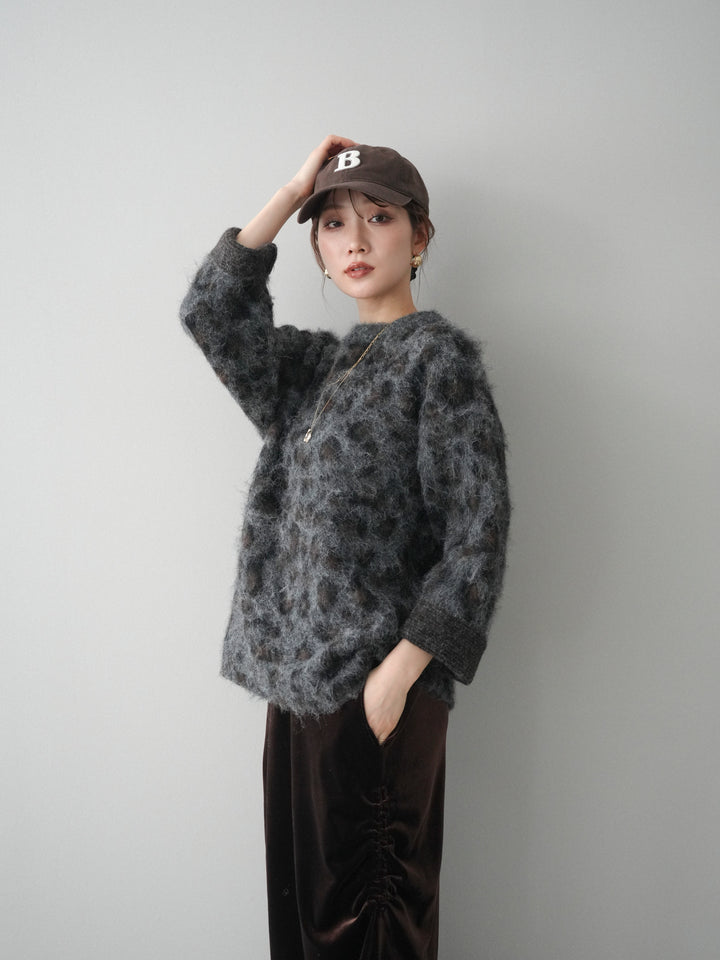 [SET]レオパードシャギーニットプルオーバー+ギャザーベロアスカート(2set)