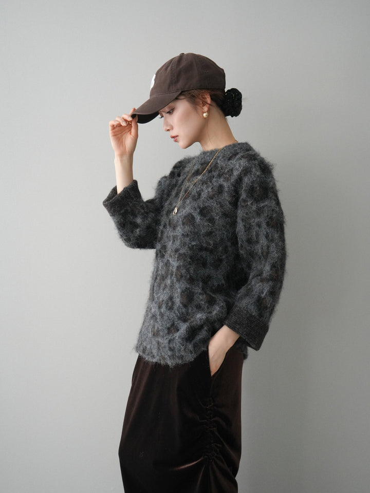 [SET]レオパードシャギーニットプルオーバー+ギャザーベロアスカート(2set)