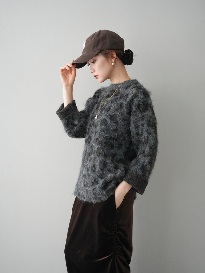 [SET]レオパードシャギーニットプルオーバー+ギャザーベロアスカート(2set)