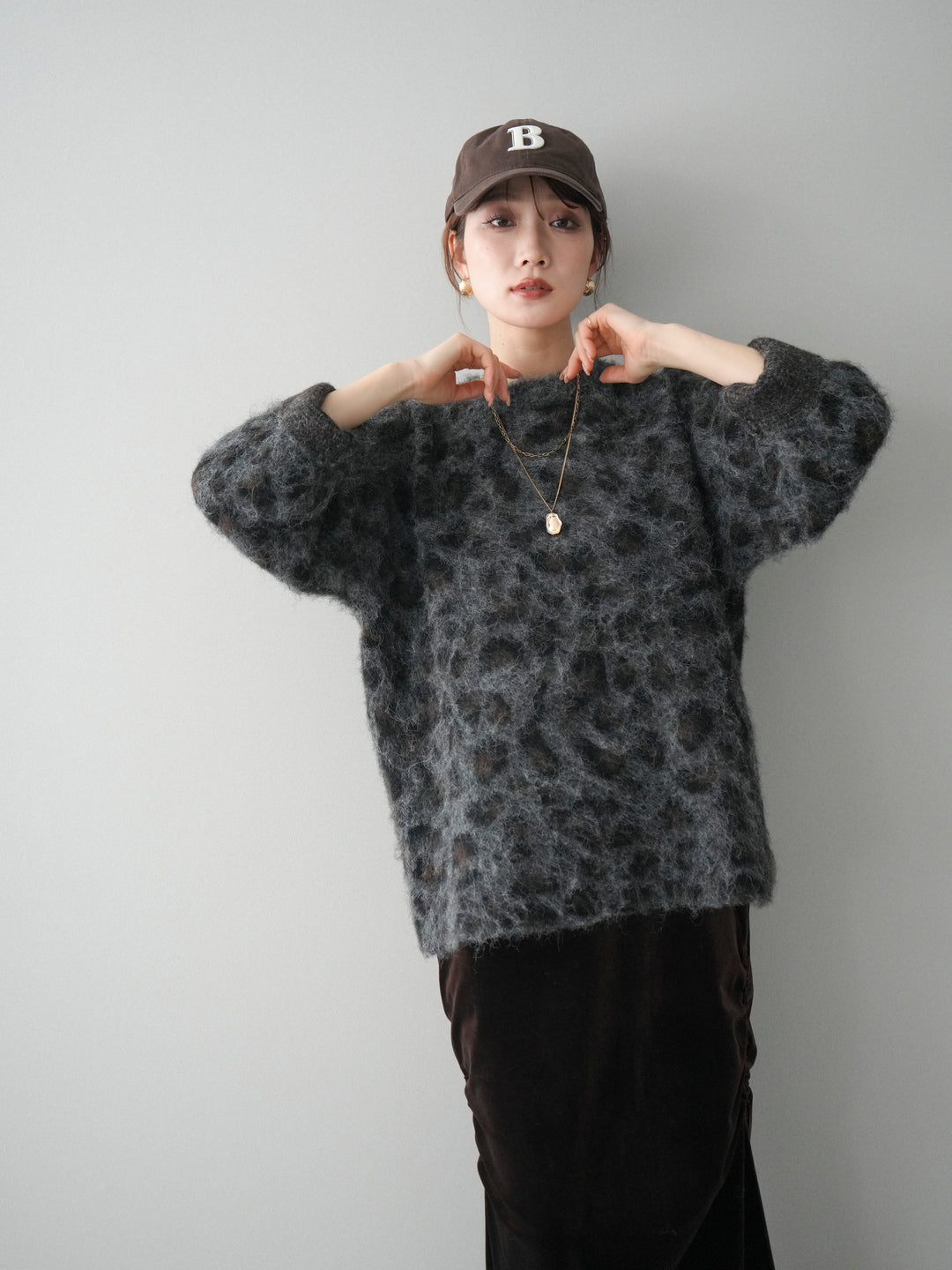 [SET]レオパードシャギーニットプルオーバー+ギャザーベロアスカート(2set)