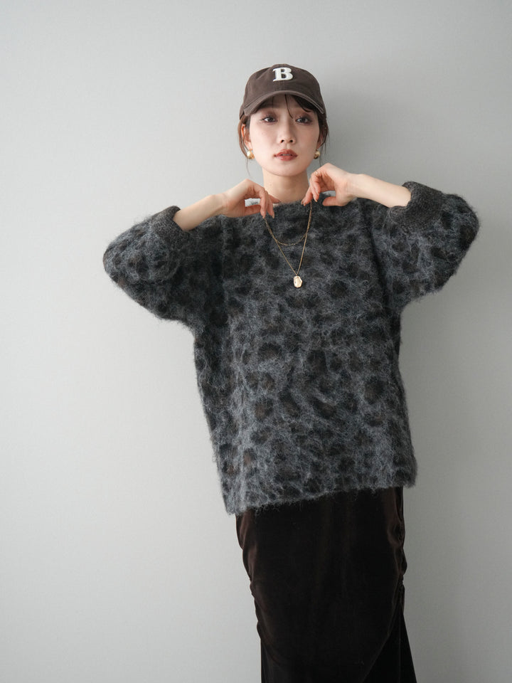 [SET]レオパードシャギーニットプルオーバー+ギャザーベロアスカート(2set)