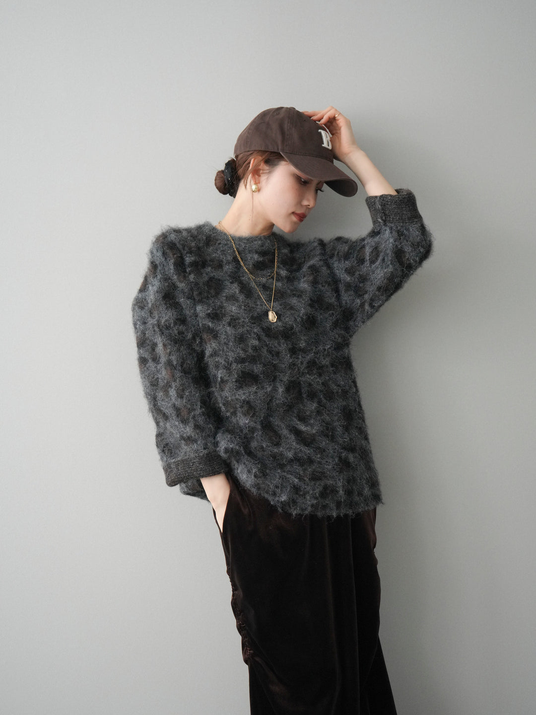 [SET]レオパードシャギーニットプルオーバー+ギャザーベロアスカート(2set)