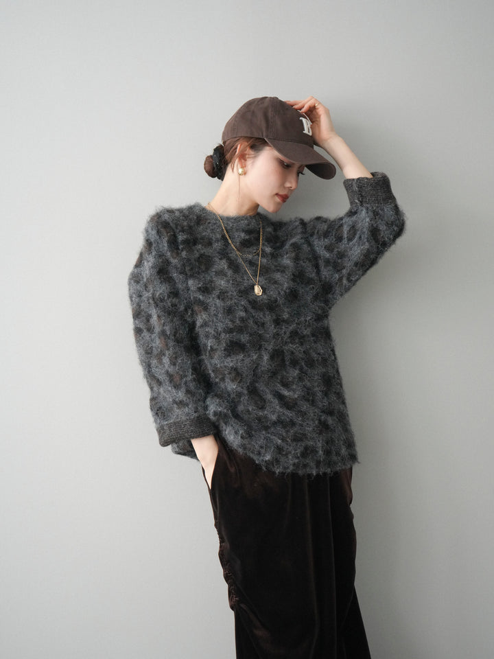 [SET]レオパードシャギーニットプルオーバー+ギャザーベロアスカート(2set)