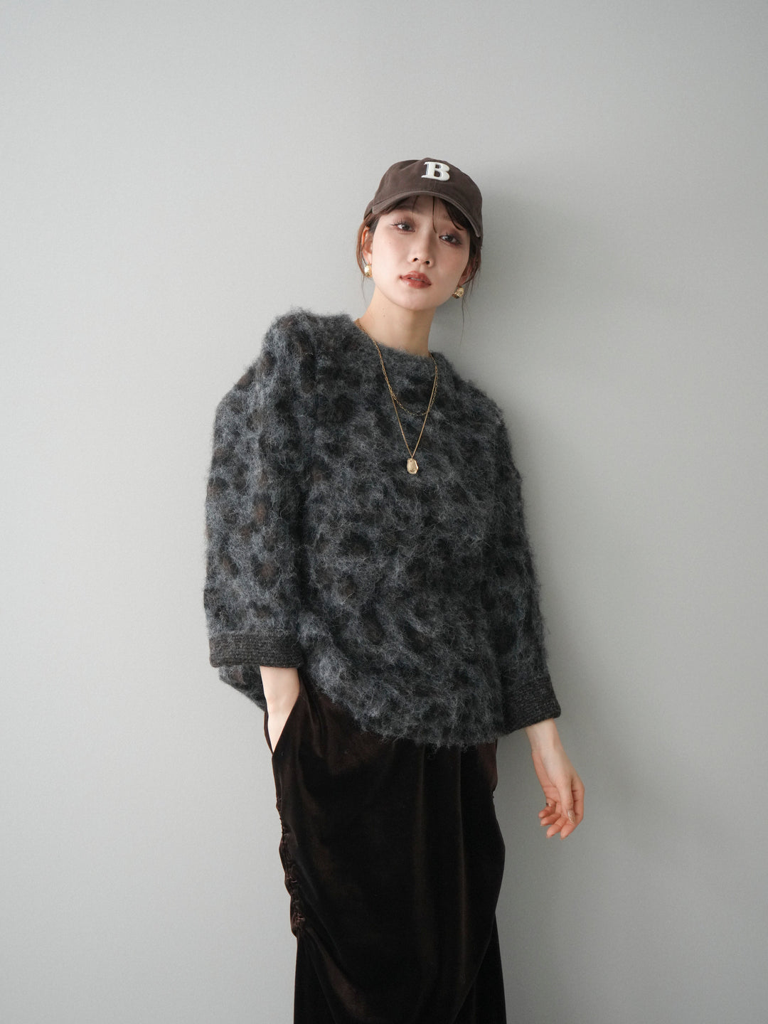 [SET]レオパードシャギーニットプルオーバー+ギャザーベロアスカート(2set)