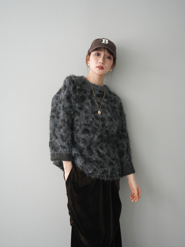 [SET]レオパードシャギーニットプルオーバー+ギャザーベロアスカート(2set)