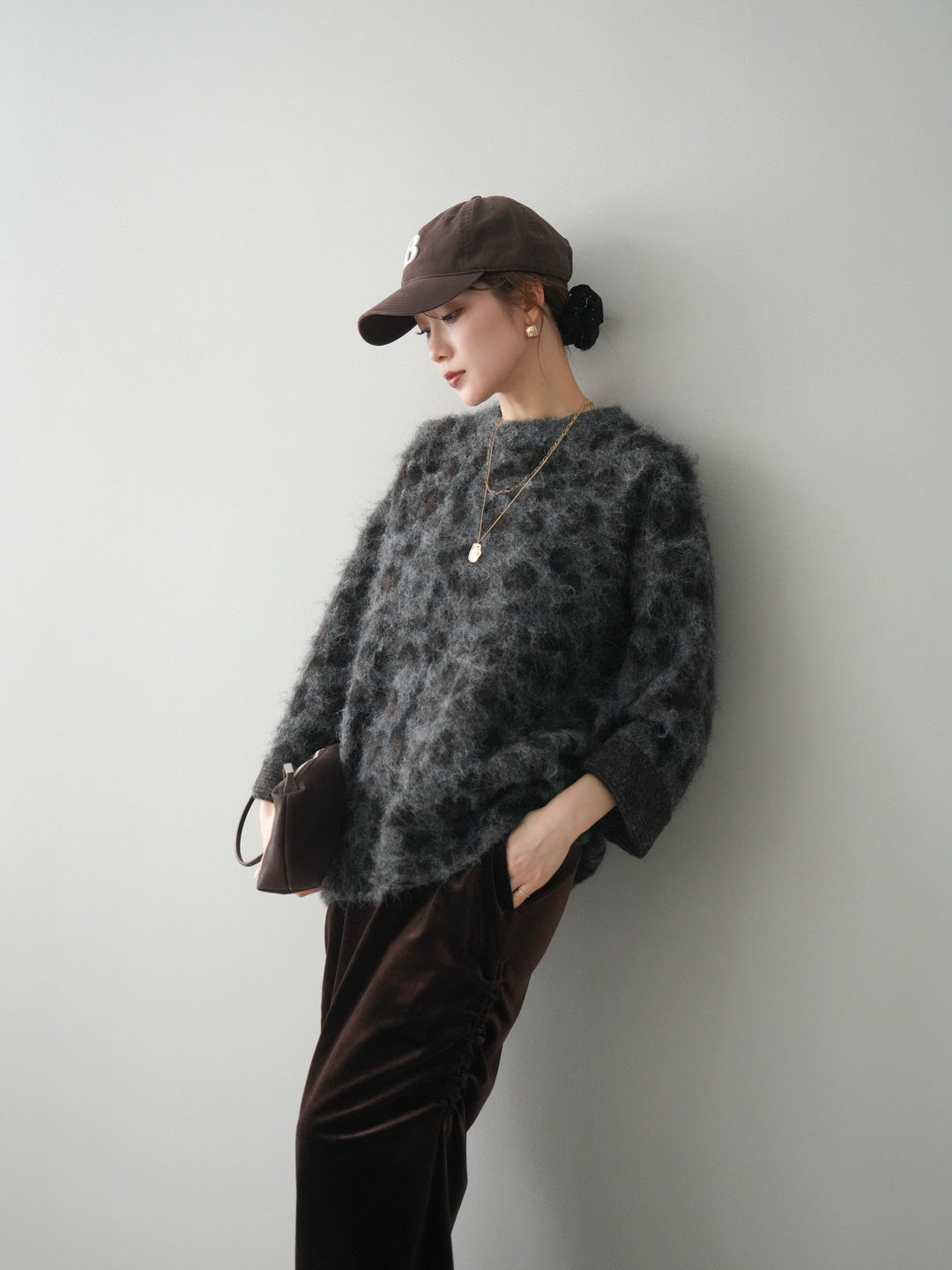 [SET]レオパードシャギーニットプルオーバー+ギャザーベロアスカート(2set)