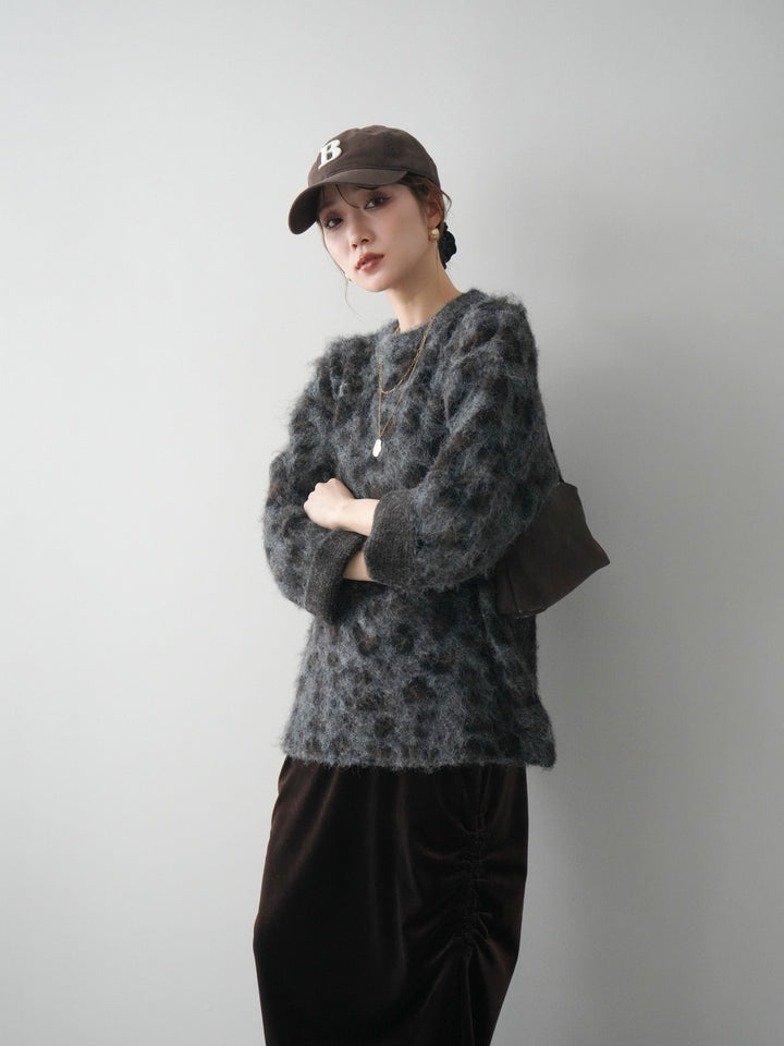 [SET]レオパードシャギーニットプルオーバー+ギャザーベロアスカート(2set)