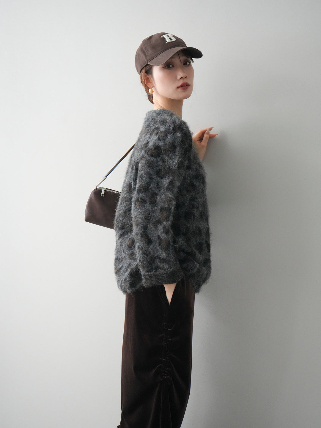 [SET]レオパードシャギーニットプルオーバー+ギャザーベロアスカート(2set)