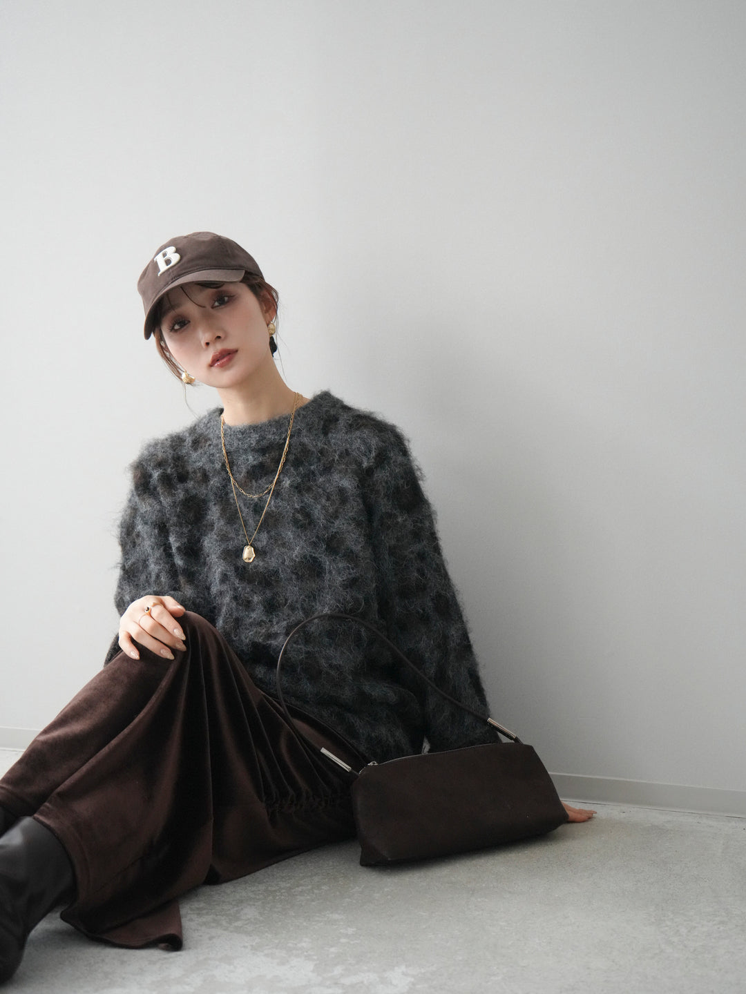 [SET]レオパードシャギーニットプルオーバー+ギャザーベロアスカート(2set)