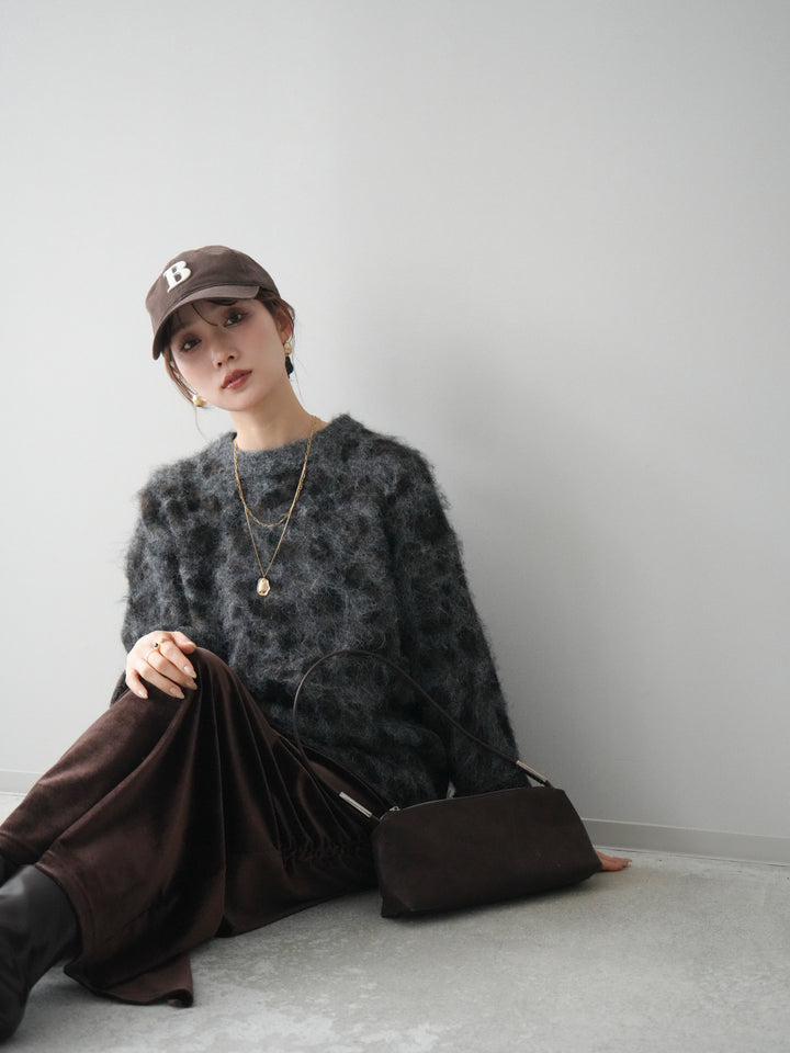 [SET]レオパードシャギーニットプルオーバー+ギャザーベロアスカート(2set)