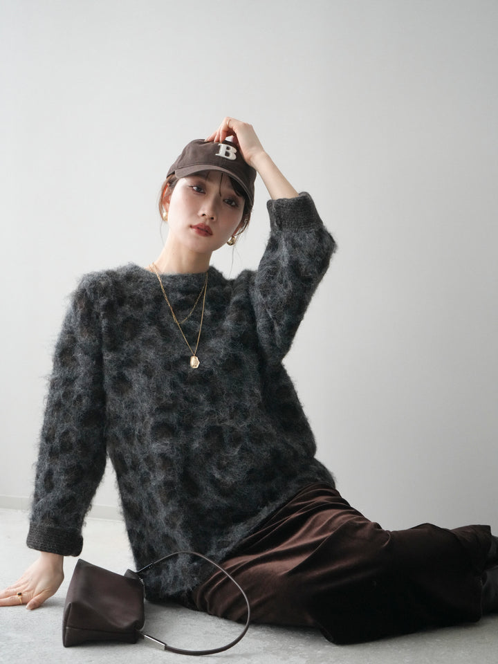 [SET]レオパードシャギーニットプルオーバー+ギャザーベロアスカート(2set)