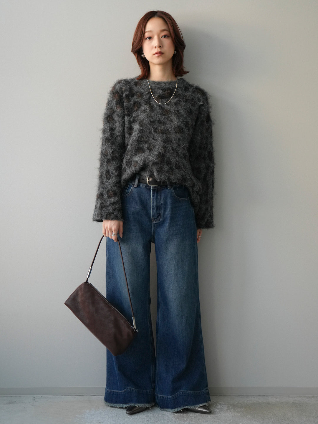 [SET]レオパードシャギーニットプルオーバー+裏起毛裾フリンジワイドデニムパンツ(2set)