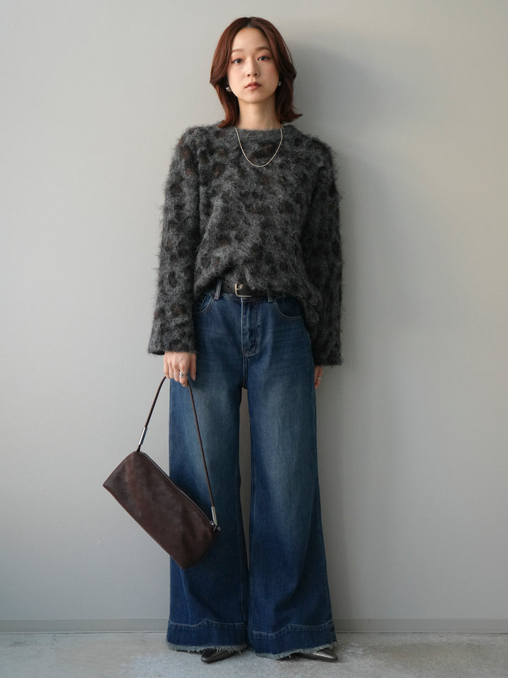 [SET]レオパードシャギーニットプルオーバー+裏起毛裾フリンジワイドデニムパンツ(2set)