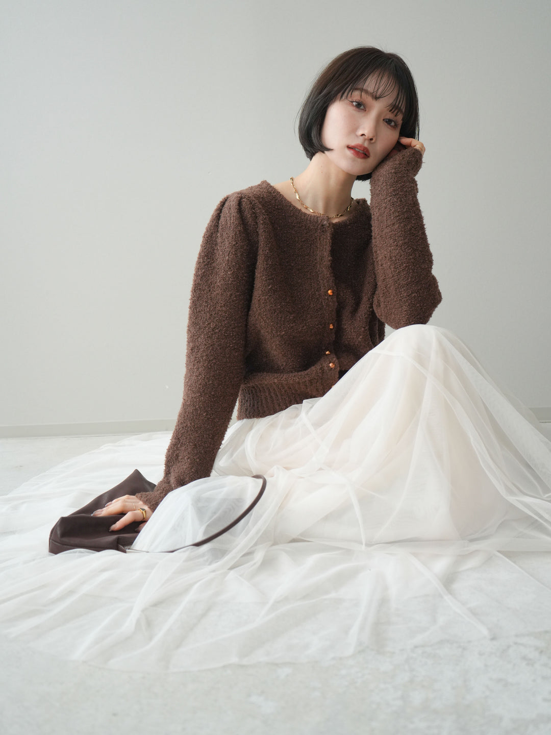 [SET]ゴールドボタンブークレニットカーディガン+チュールボリュームスカート(2set)