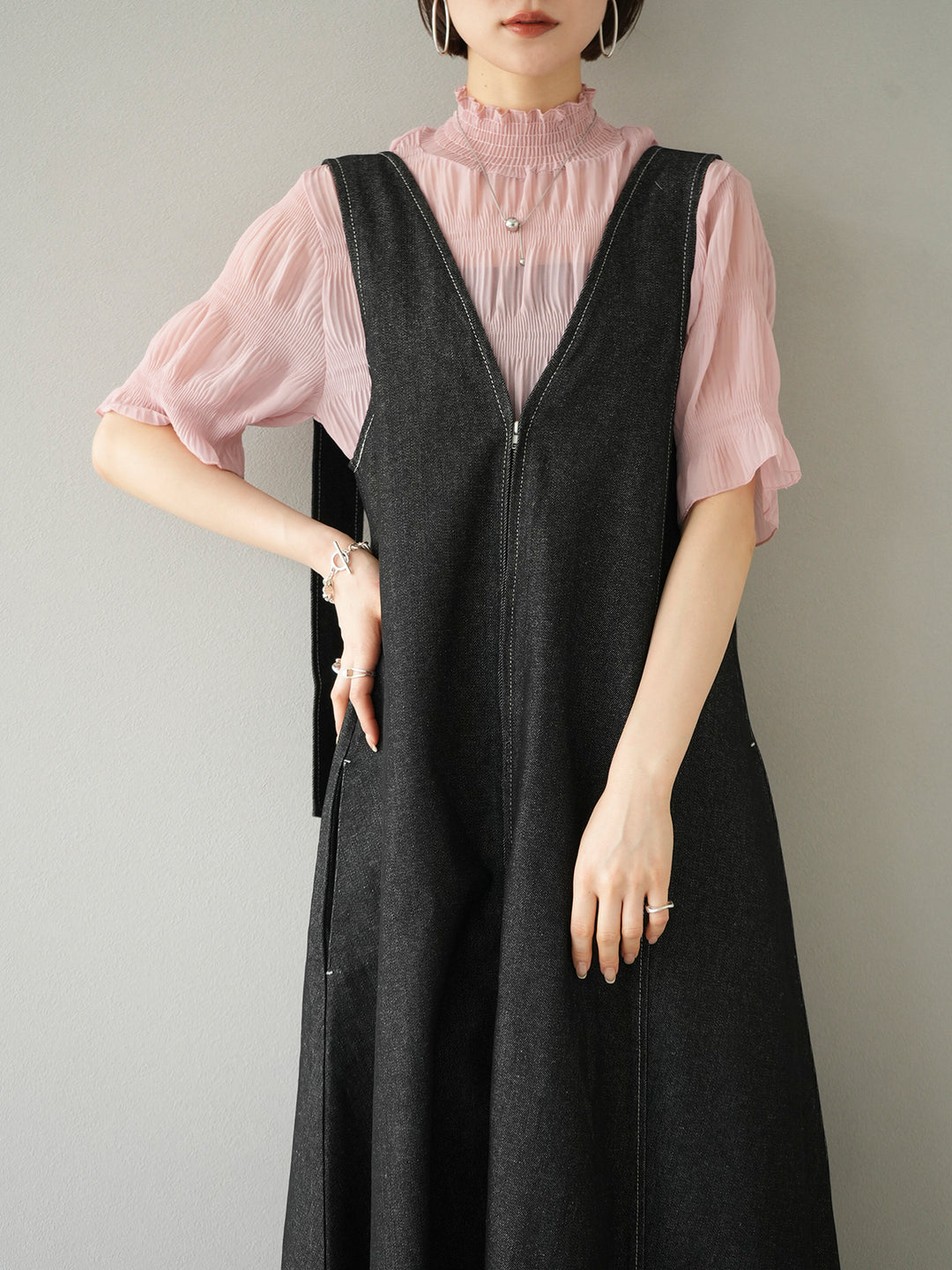 [Pre-order] Shirred Chiffon Half Sleeve Blouse/Pink