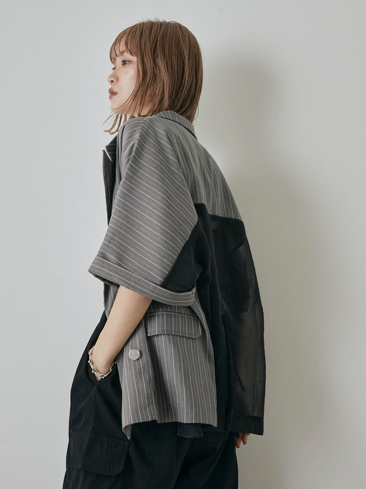 [予約]バックオーガンジーヘリンボーンストライプハーフジャケット/チャコール