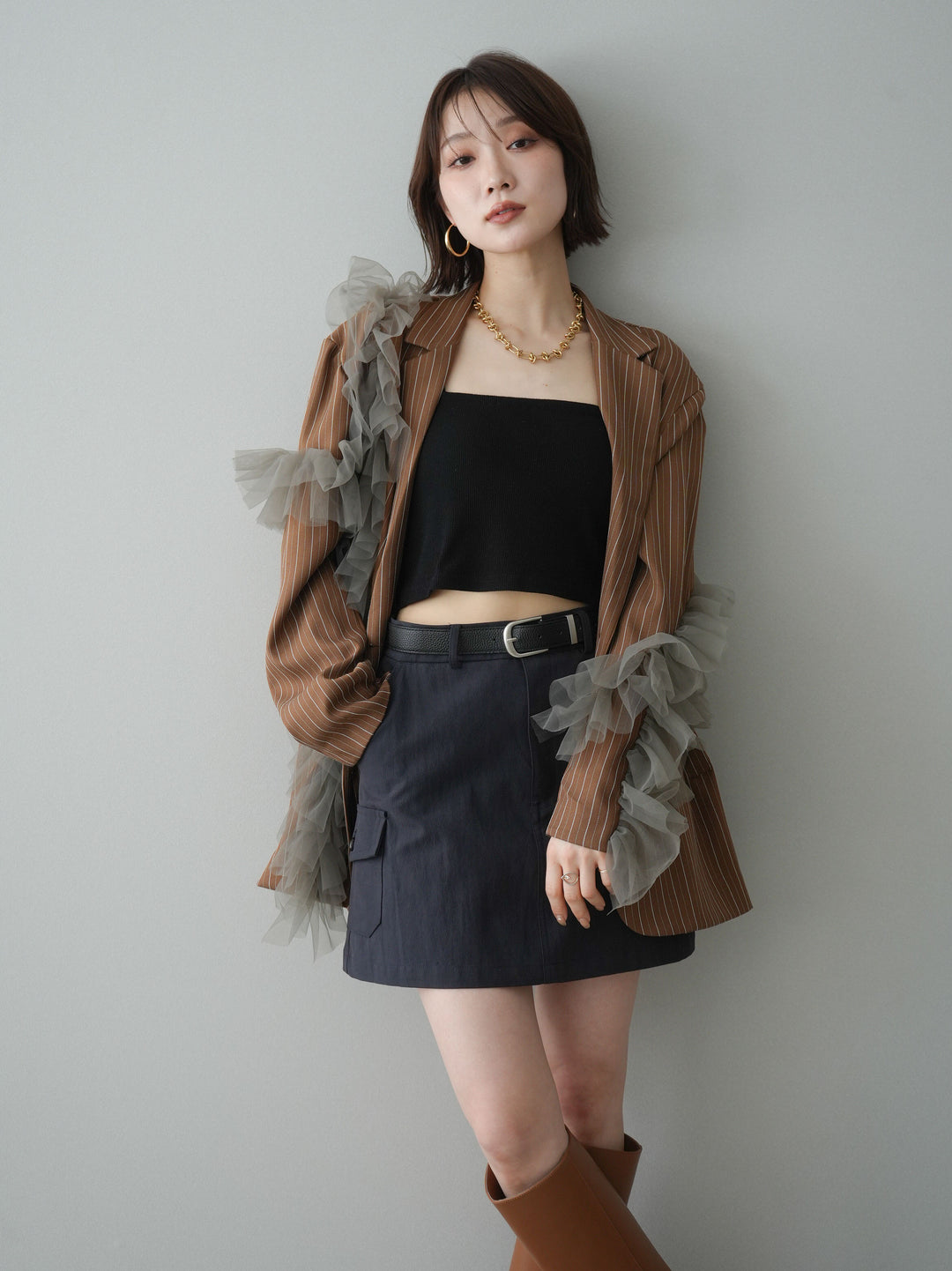 [予約]アシンメトリーチュールストライプジャケット/goldbrown