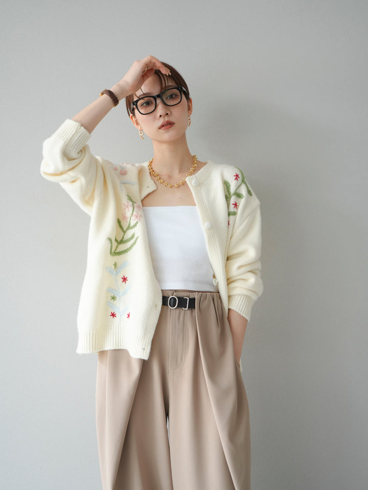 [SET]フラワー刺繍ニットカーディガン+ベルト付タックワイドパンツ(2set)