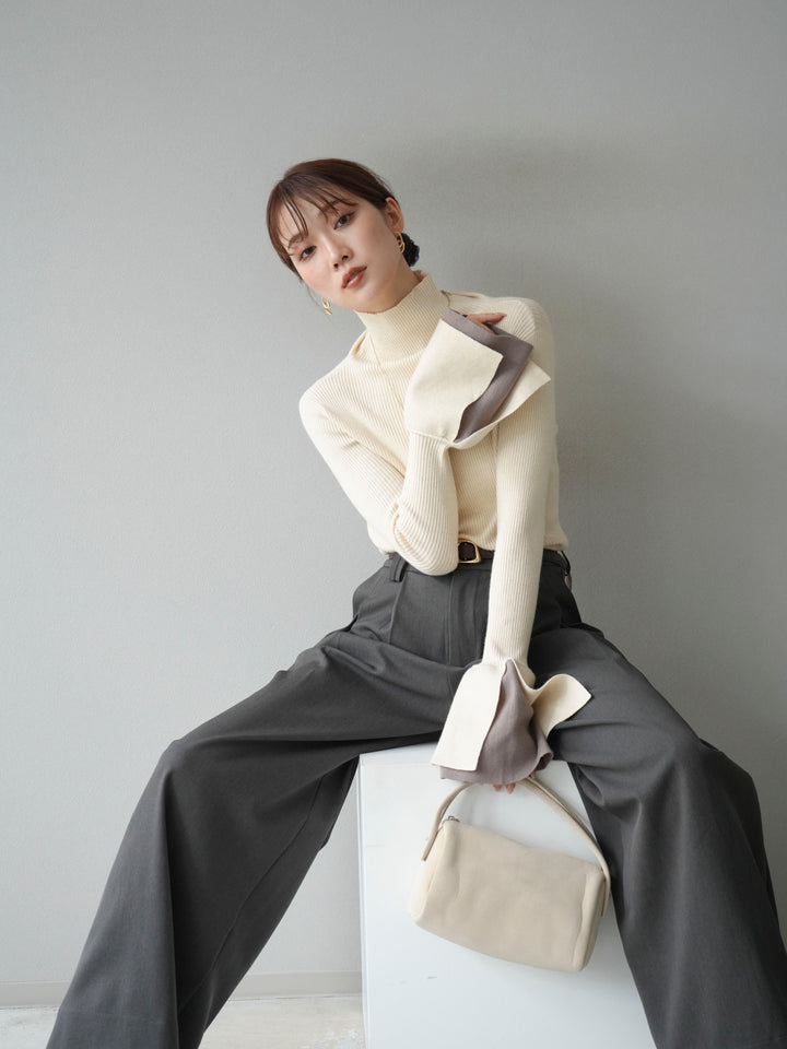 [SET] 疊層喇叭袖高領針織上衣 + 雙褶寬褲 (2 套)