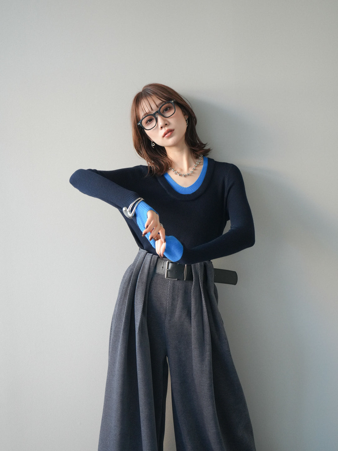 [予約]Uネック配色レイヤードリブニットトップス/black