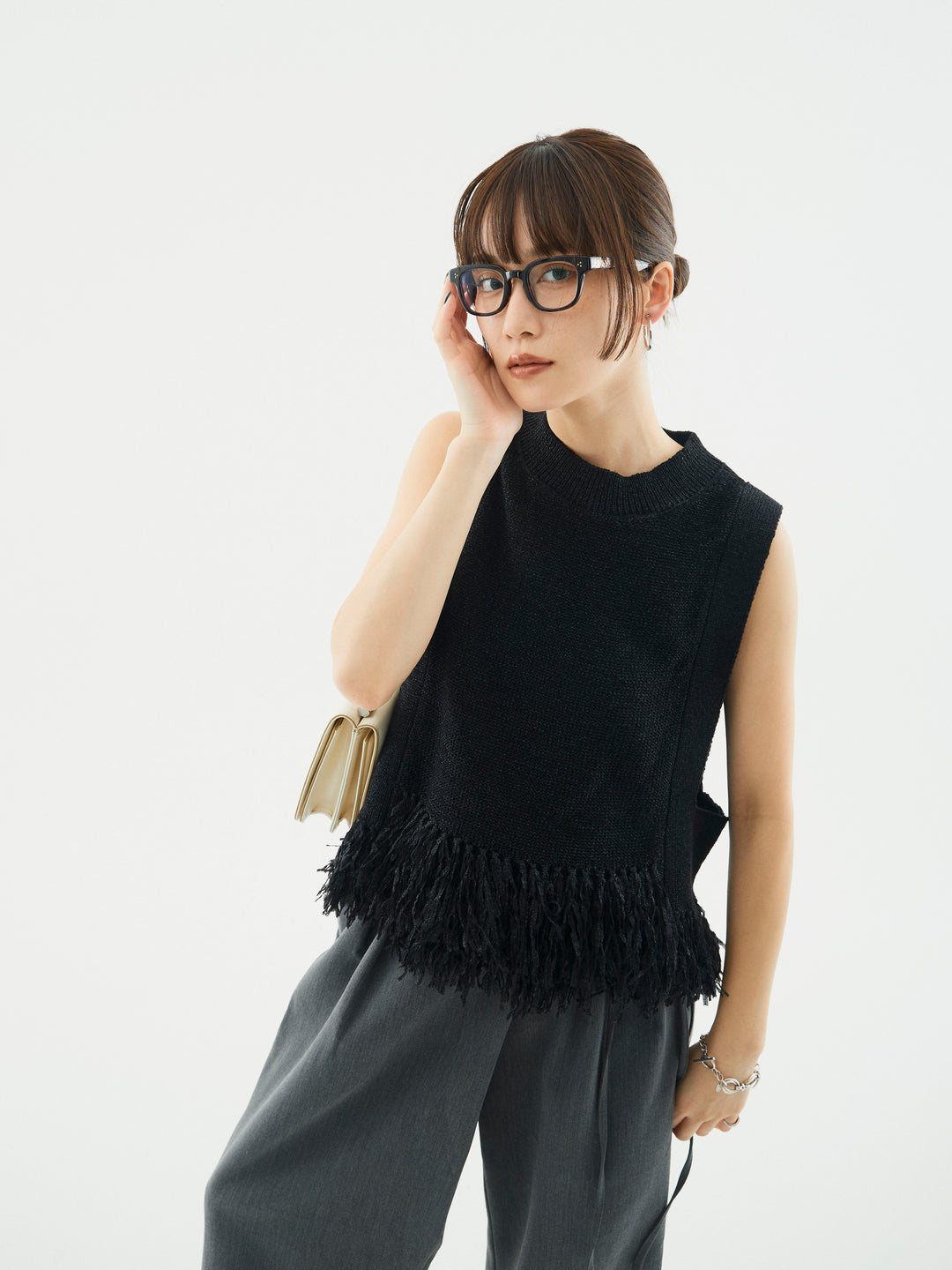 【Allure】[SET]フェザーヤーンニットベスト+ラップデザインタックワイドパンツ(2set)