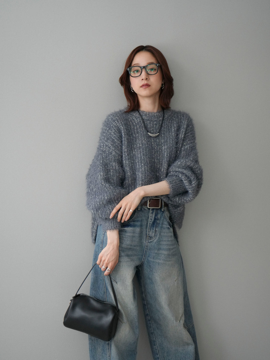 [SET]ボリュームスリーブシャギー MIXニットプルオーバー+ベルト付カーブデニムパンツ(2set)