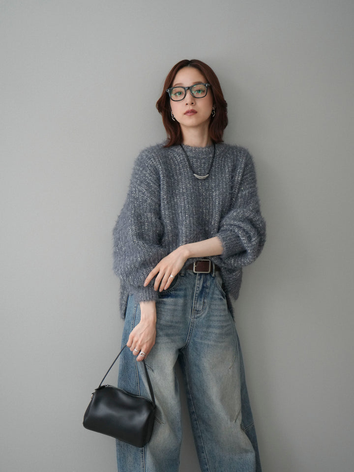 [SET]ボリュームスリーブシャギー MIXニットプルオーバー+ベルト付カーブデニムパンツ(2set)