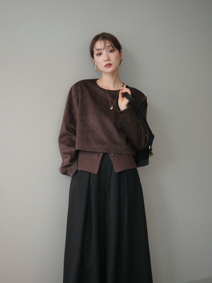 [予約]リブニットレイヤードスエードプルオーバー/brown