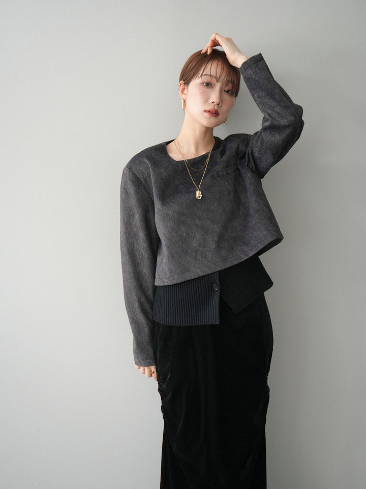 [予約]リブニットレイヤードスエードプルオーバー/charcoal