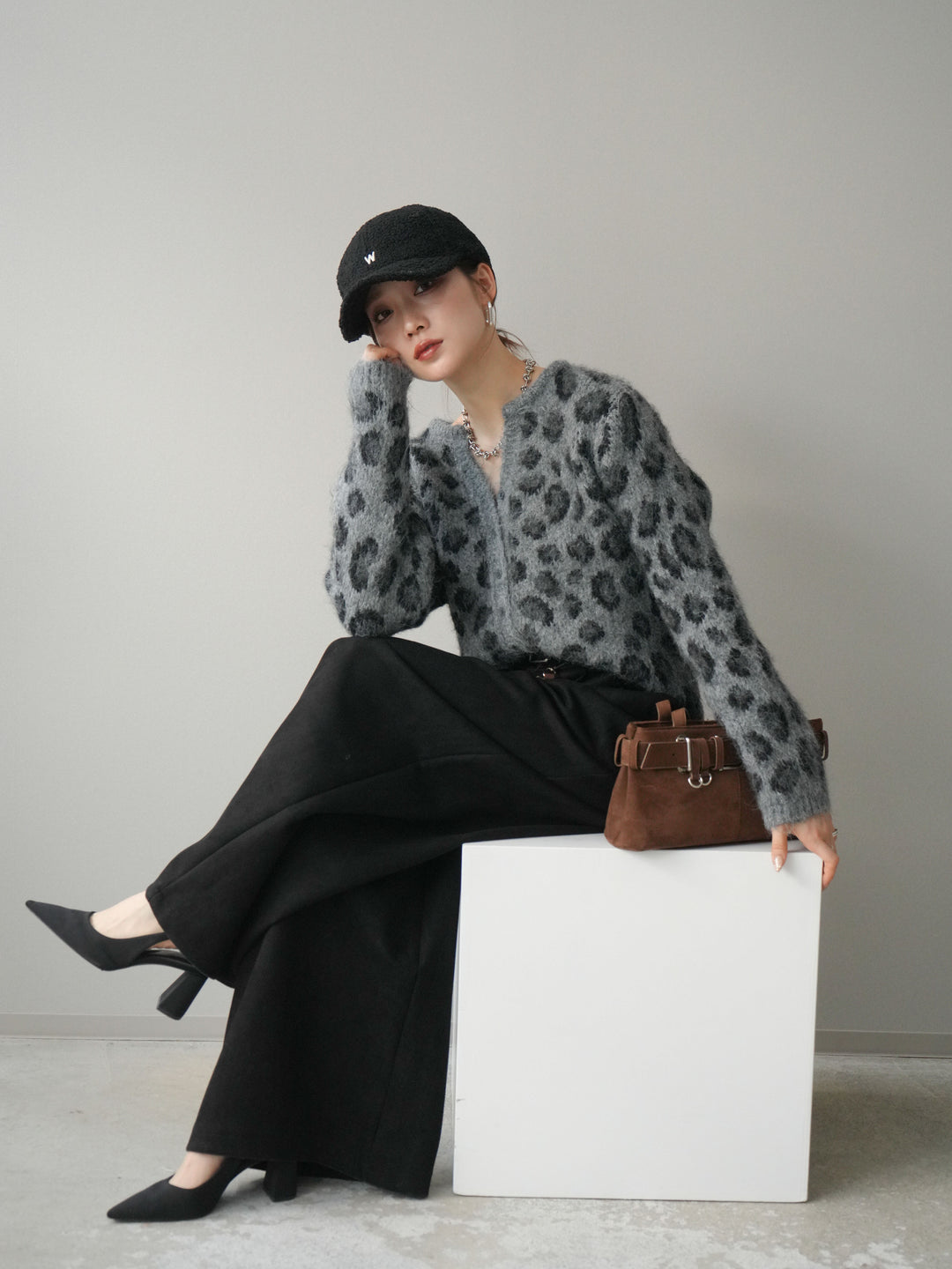 [SET]モヘアタッチレオパード柄ニットカーディガン+モヘアタッチレオパード柄ニットカーディガン(2set)