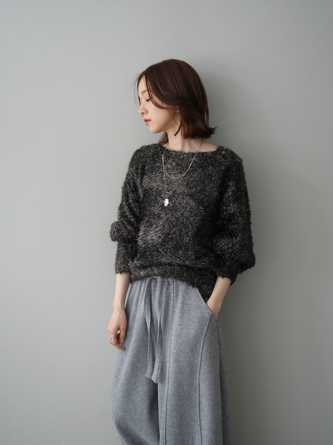 [予約]ラメシャギードルマンニットプルオーバー/brown