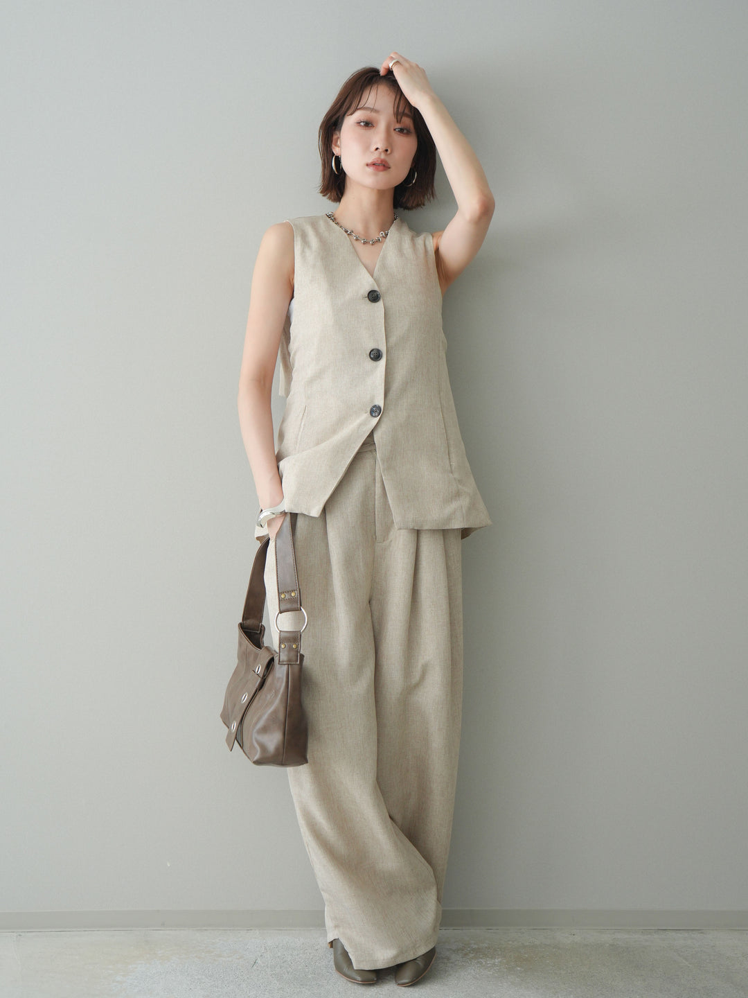 [SET]リネンライクバックオープンジレ+リネンライクタックワイドパンツ(2set)