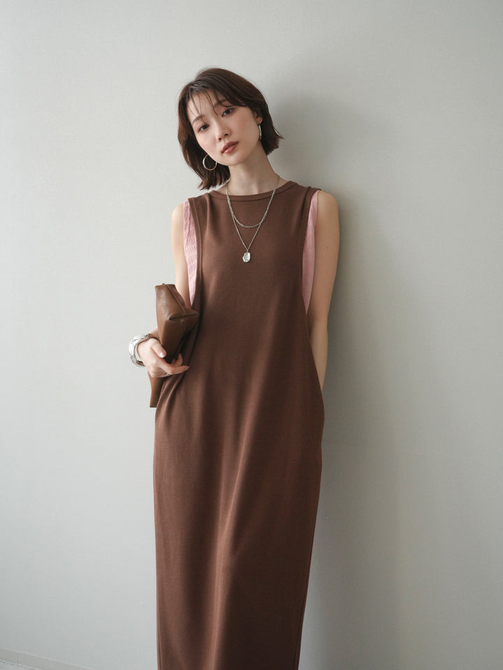 [予約]バイカラーレイヤードノースリーブワンピース/brown
