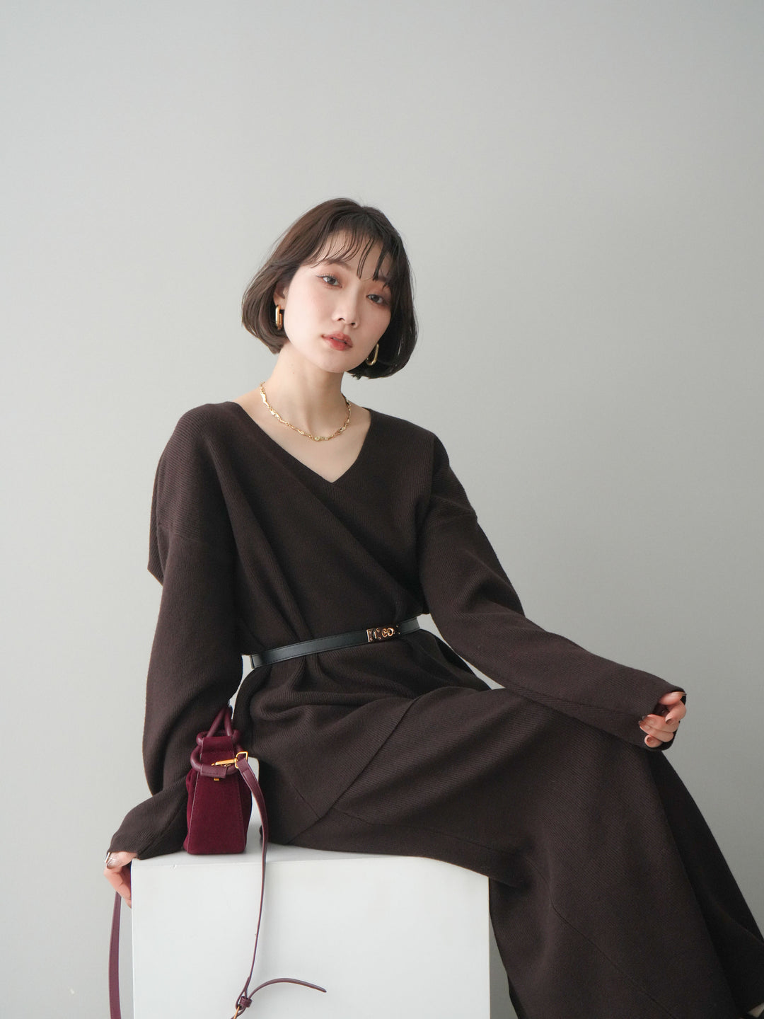 [SET]ベルト付Vネックニット＆スカートSET UP(2set)