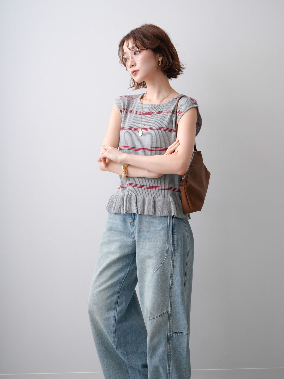 [予約]ノースリリブボーダーニットトップス/gray