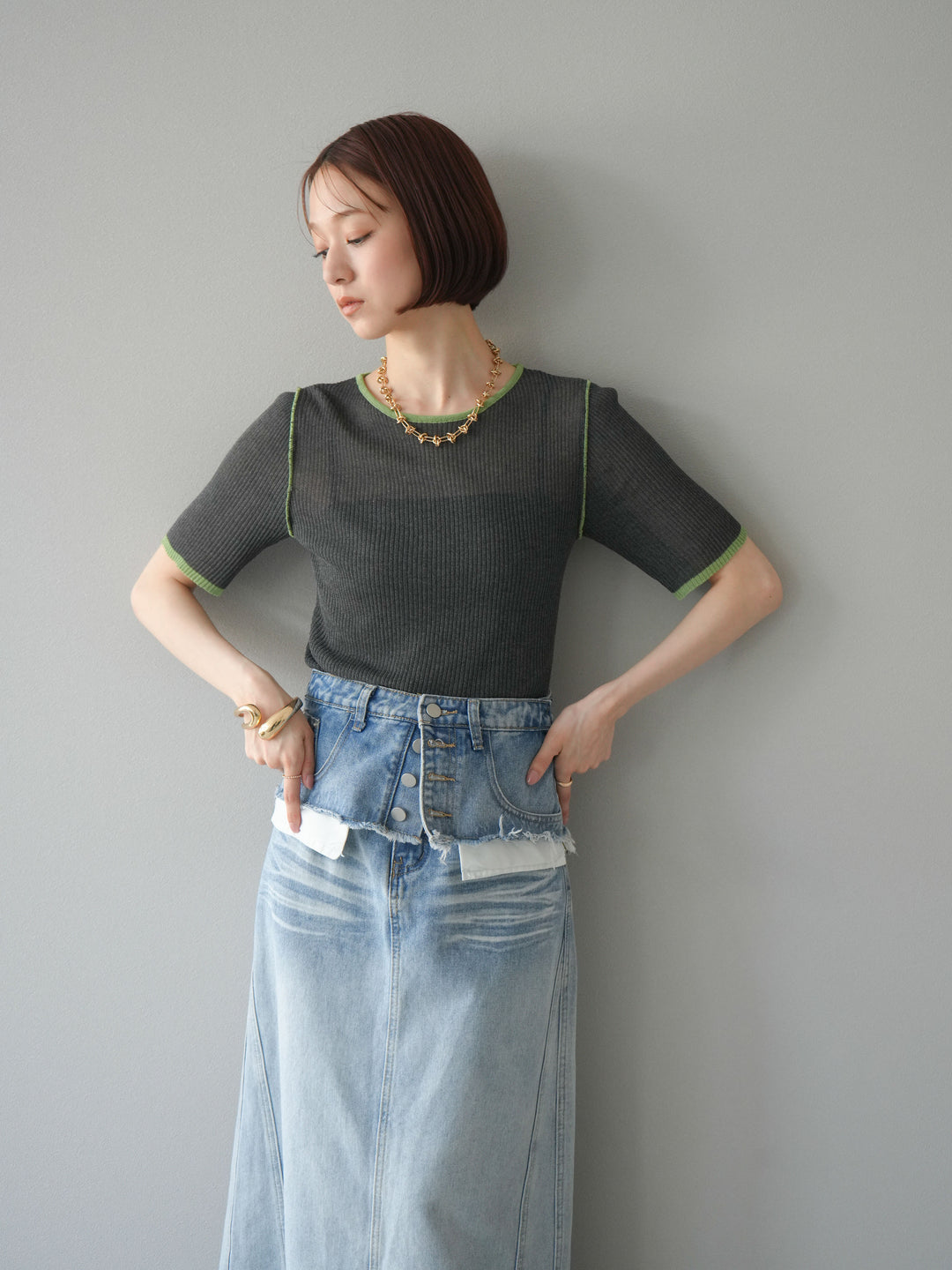 [予約]麻タッチ配色ニットハーフスリーブトップス/チャコール