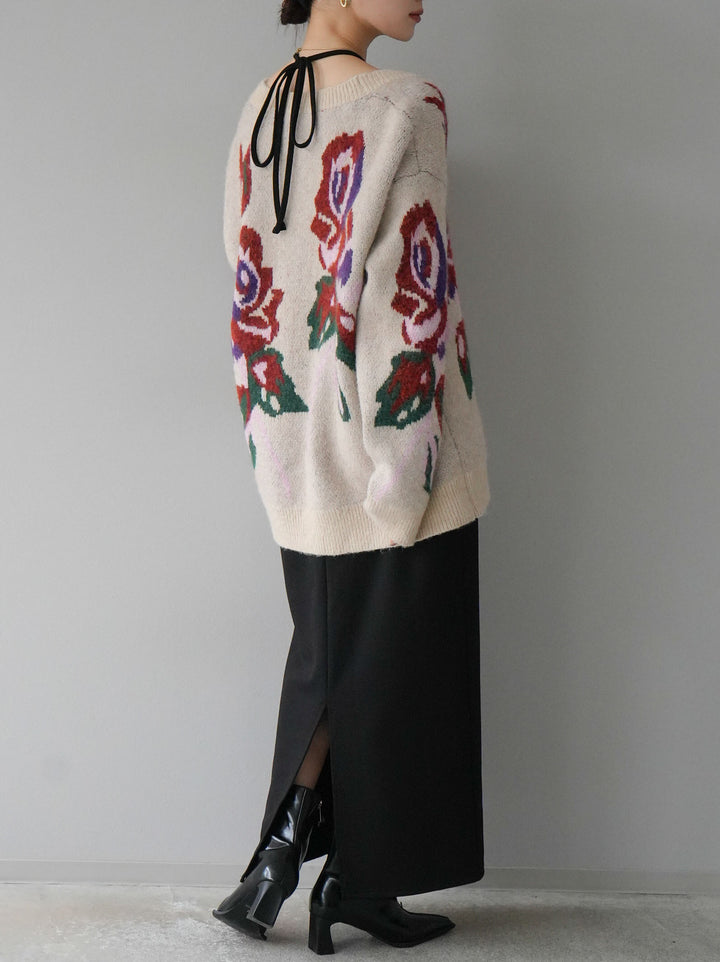 [予約]フラワー柄ゴールドボタンVネックニットカーディガン/アイボリー