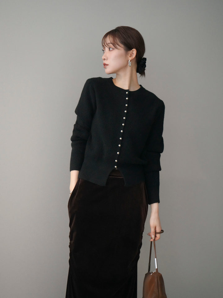 [SET]シルバーボタン畦編みニットカーディガン+ギャザーベロアスカート(2set)