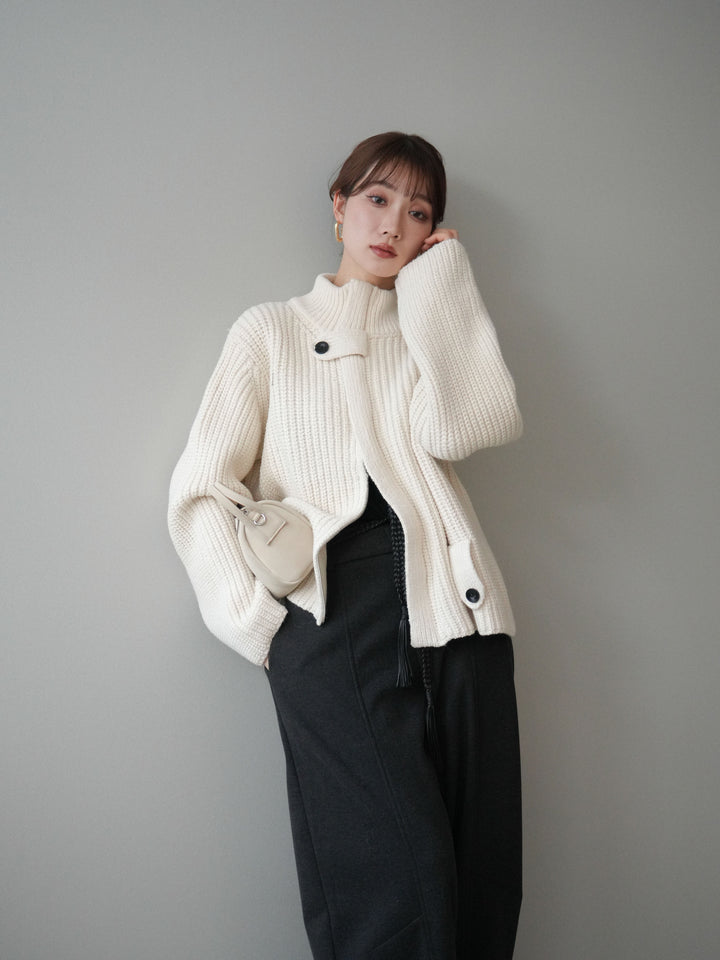 [SET]畦編みボトルネックZIPニットカーディガン+ベルト付裏起毛センターシームカーブパンツ(2set)