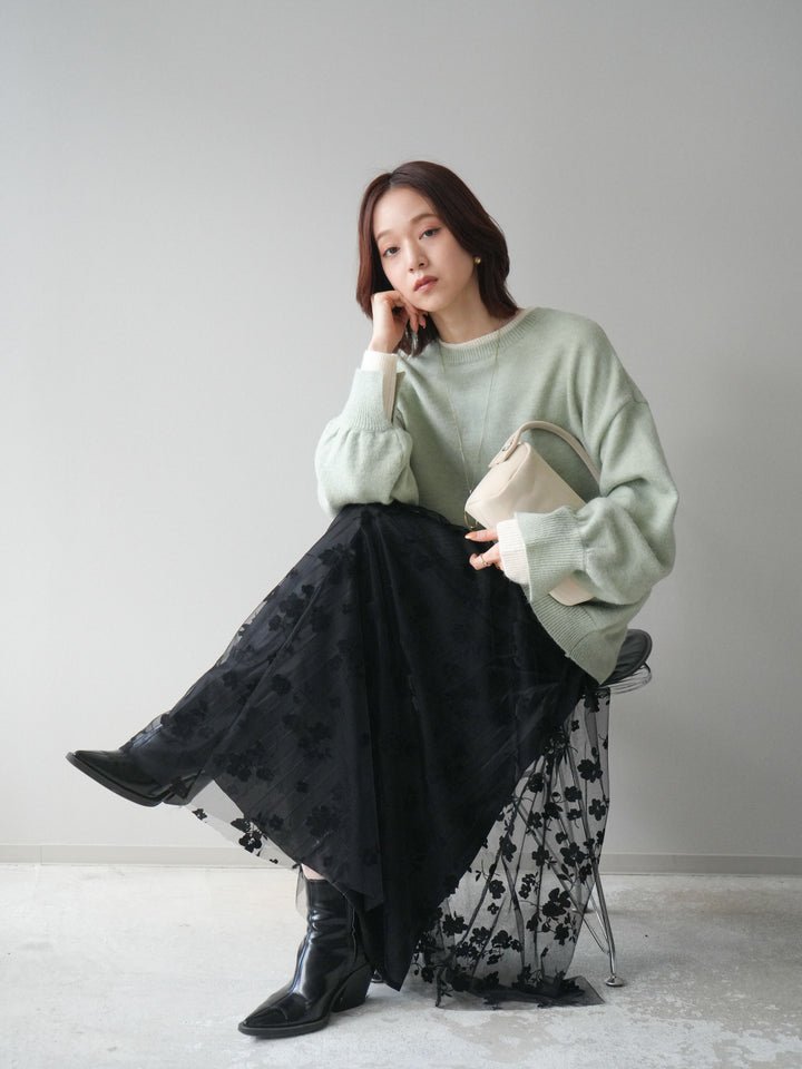 [SET]ヘンリーネック配色レイヤードニットプルオーバー+フラワーフロッキーチュールプリーツスカート(2set)