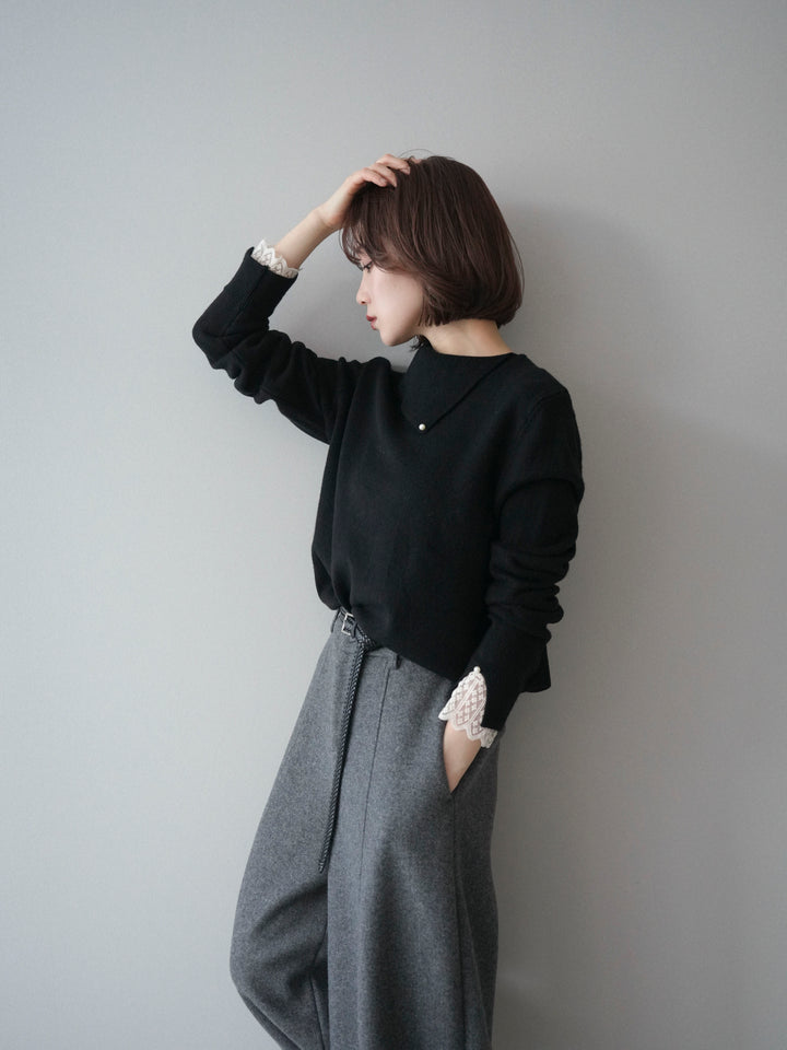 [SET]袖レースパール付き配色ニットトップス+ウールタッチカーブパンツ(2set)