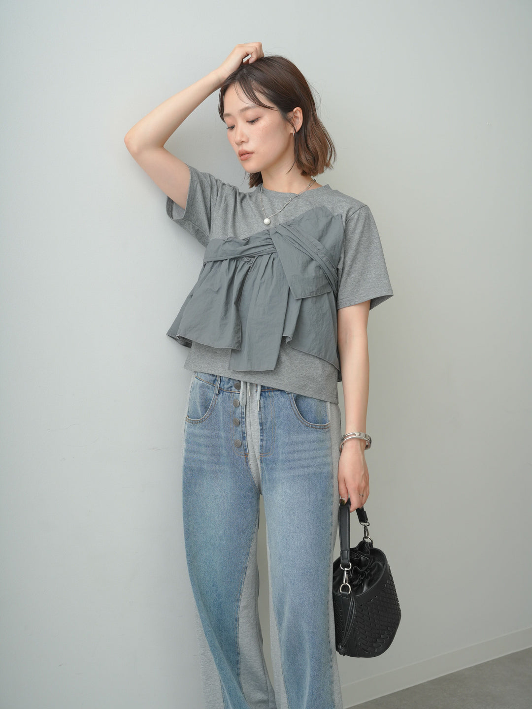 [SET]ナイロンドッキングツイストTEE +デニム切替スウェットパンツ(2set)